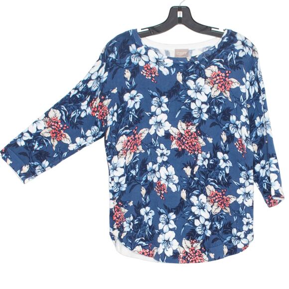 Chicos Womens Sweater Striking Floral Scoop Neck 3/4 Sleeve Blue 1 Medium 8 FN - Picture 1 of 7